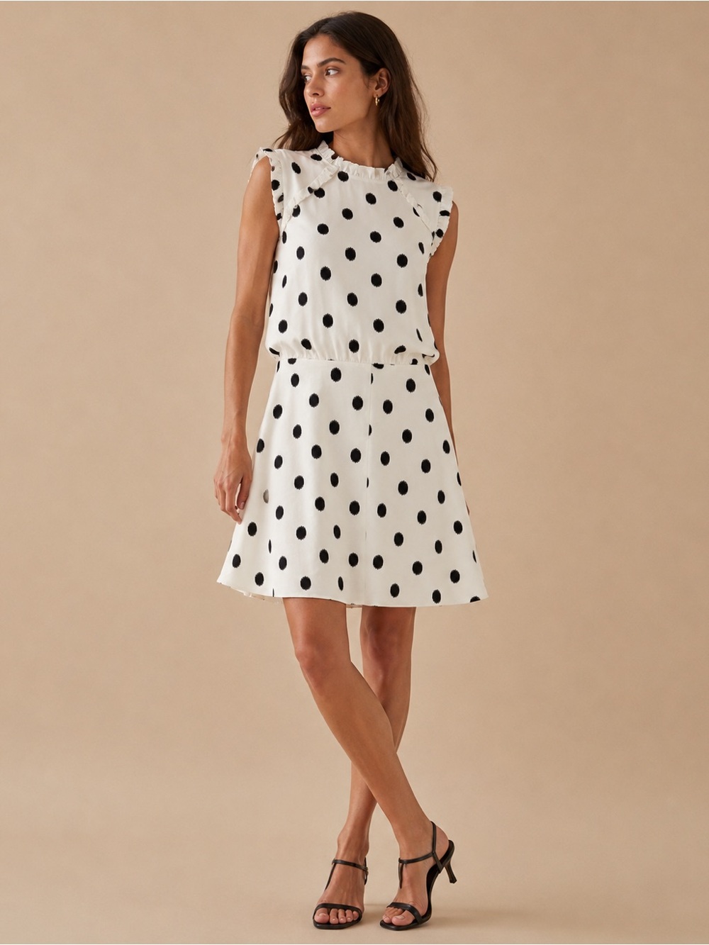 Ann Taylor White Black Polka Dot Ruffle Sleeveless Fit & Flare Dress Size 0